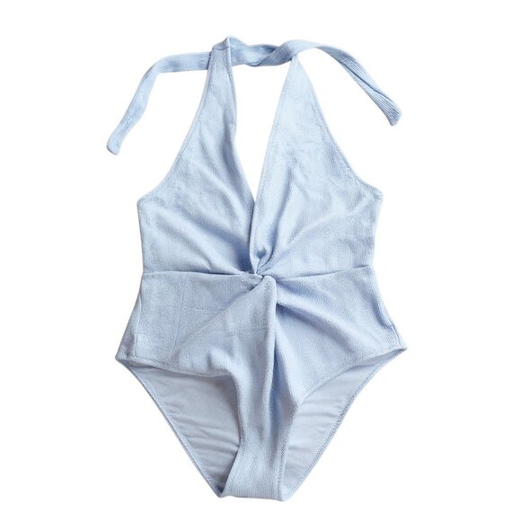 GANNI Ribbed Twist Front Halter One-Piece Swimsuit Light Blue Size 36 - Picture 1 of 15